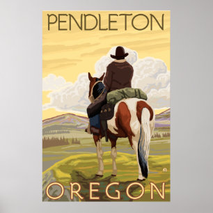 Póster Cowboy & Horse - Pendleton, Oregon