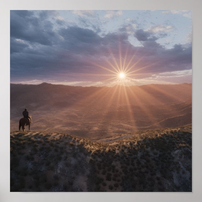 Poster Cowboy on Horseback at Sunset, Western Desert  (Frente)