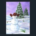 Póster Cowboy Snowman<br><div class="desc">Imagem russa ilustrada de um boneco de neve Cowboy em montes de neve com pinheiros cobertos de neve,  vergreens e pôr do sol roxo ao fundo.</div>