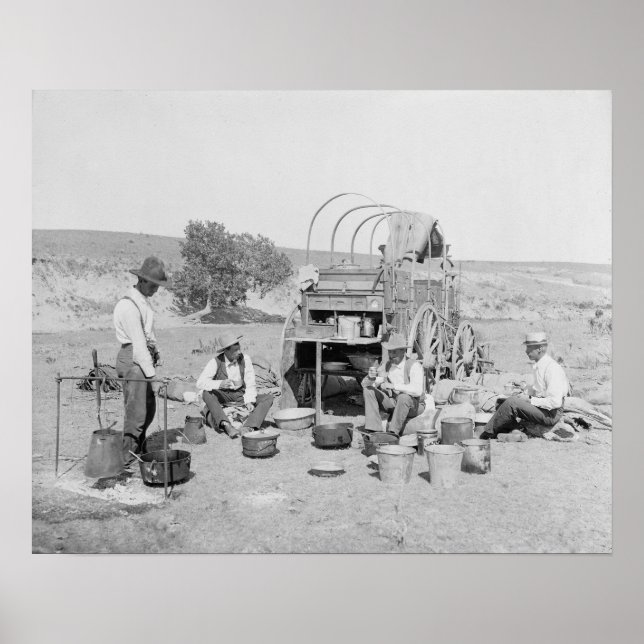 Póster Cowboys Preparando Acampamento, 1901. Foto Antiga (Frente)