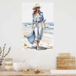 Poster Cowgirl Costeira Blue, White & Denim Watercolor