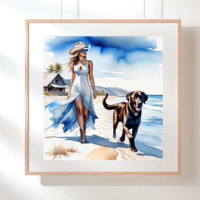 Poster Cowgirl Costeira com Cachorro na Praia (Coastal cowgirl walking on the beach with a dog)