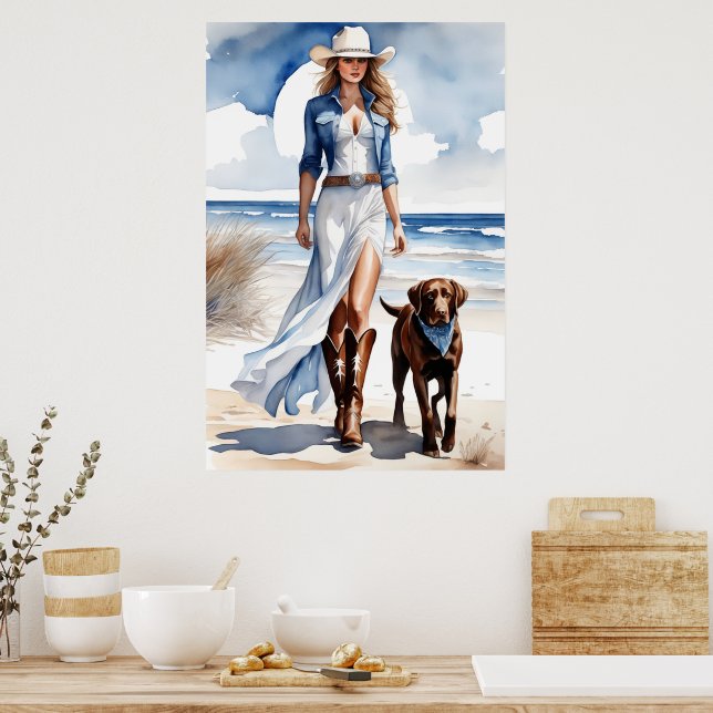 Poster Cowgirl Costeira com uma Aquarela Canina (Cozinha)