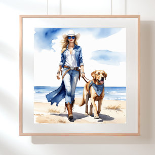 Poster Cowgirl costeira de Denim com um cachorro na praia