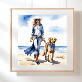 Poster Cowgirl costeira de Denim com um cachorro na praia