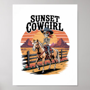 Poster Cowgirl Sunset Skeleton Riding Horse