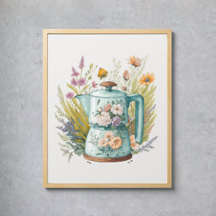 Poster Cozinha Café Floral Cozinha Aquarela Boho Botânico