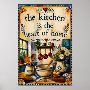 Poster Cozinha de Fazenda Vintage Coração do Lar Aquarela