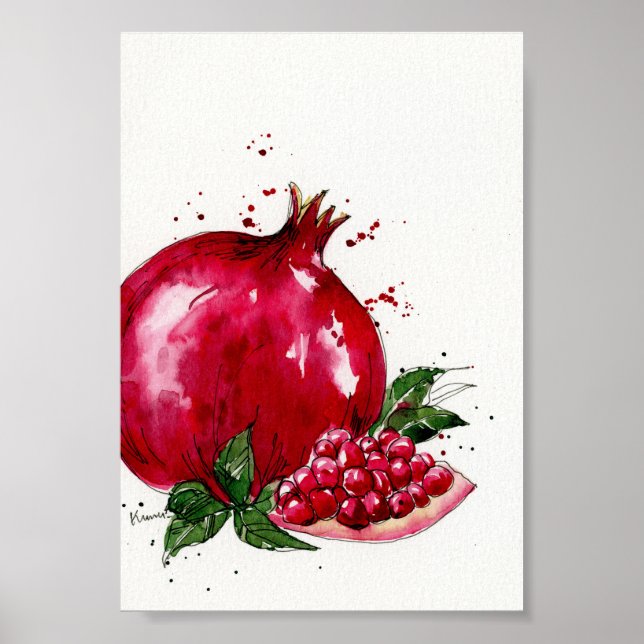 Poster Cozinha de Pomegranato de Aquarela (Frente)