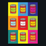 Poster Cozinha de Pop de Comida de pinças de latão cozido<br><div class="desc">Arte colorida na parede de cozinha de praças multicoloridas com latas de feijão cozido</div>