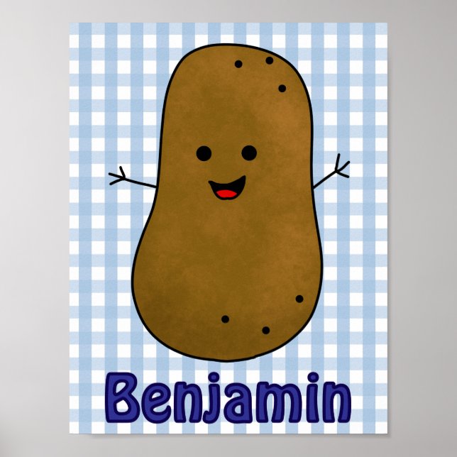 Poster Cozinha Feliz de Batata Azul-Gingham Personalizado (Frente)