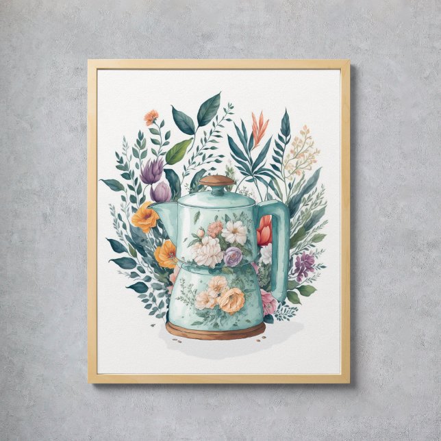 Poster Cozinha Floral Botânica do Café com Aquarela Moder (Modern Watercolor Coffee Botanical Floral Kitchen Poster
)