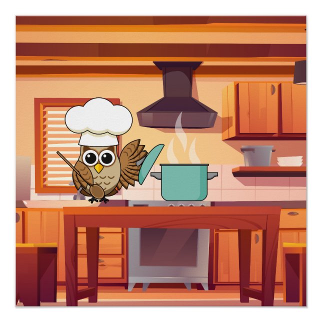 Póster Cozinhar de coruja de chef em cozinha (Frente)
