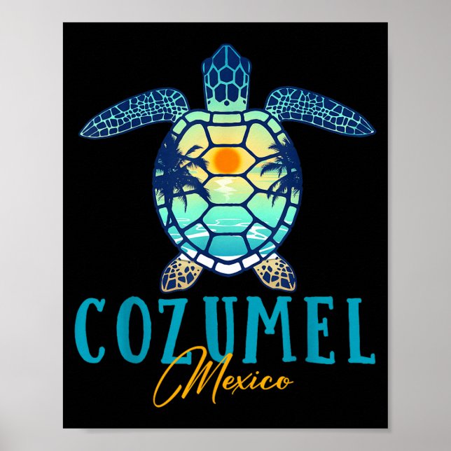 Poster Cozumel Mexico Sea Turtle Palm Tree Sunset Beach V (Frente)