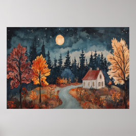 Poster Cozy Autumn Night Cotage Watercolor Fall Art