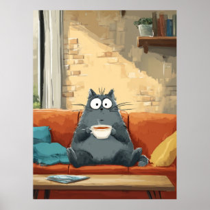 Poster Cozy Cat com café