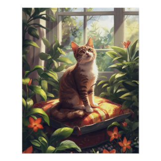 Póster Cozy Cat in a Sunlit Garden – Cute Nature Cat Art