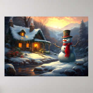 Poster Cozy Christmas Cottage & Snowman Vintage Winter