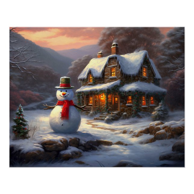Póster Cozy Christmas Cottage & Snowman | Vintage Winter (Frente)