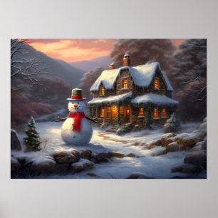Poster Cozy Christmas Cottage & Snowman   Vintage Winter