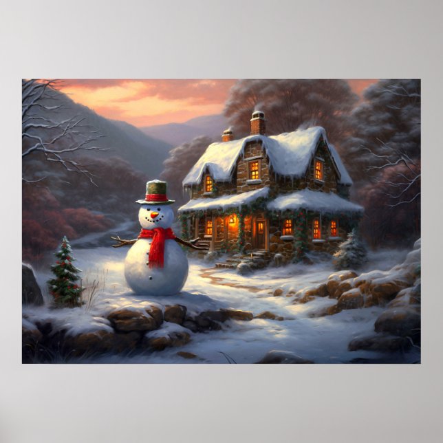 Poster Cozy Christmas Cottage & Snowman | Vintage Winter (Frente)