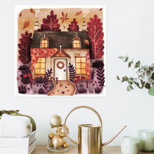 Poster Cozy Cottage no outono com Folhas de outono