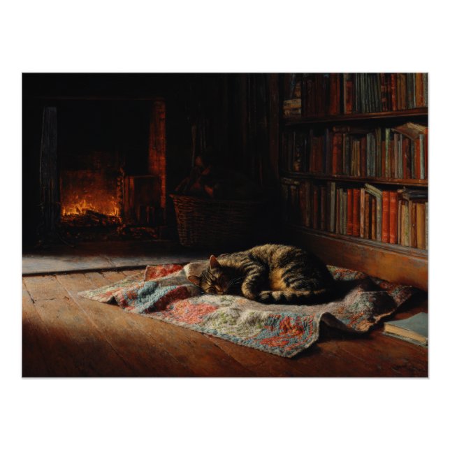 Póster Cozy Fireplace Cat Library Scene (Frente)