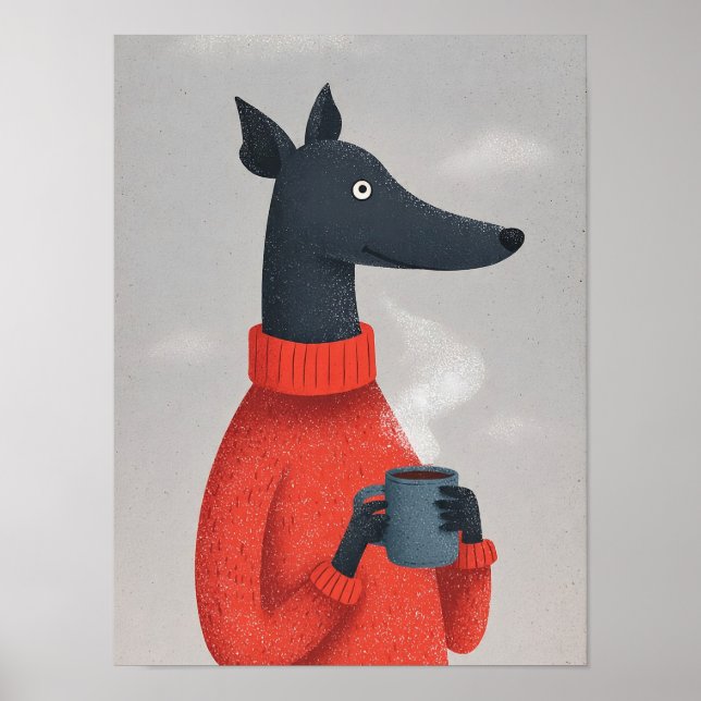 Poster Cozy Greyhound Dog Poster–Anthropomorphic Pet Art (Frente)