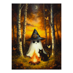 Póster Cozy Halloween Ghost & Black Cat Campfire