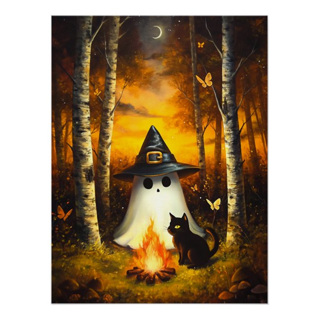 Póster Cozy Halloween Ghost & Black Cat Campfire (Frente)