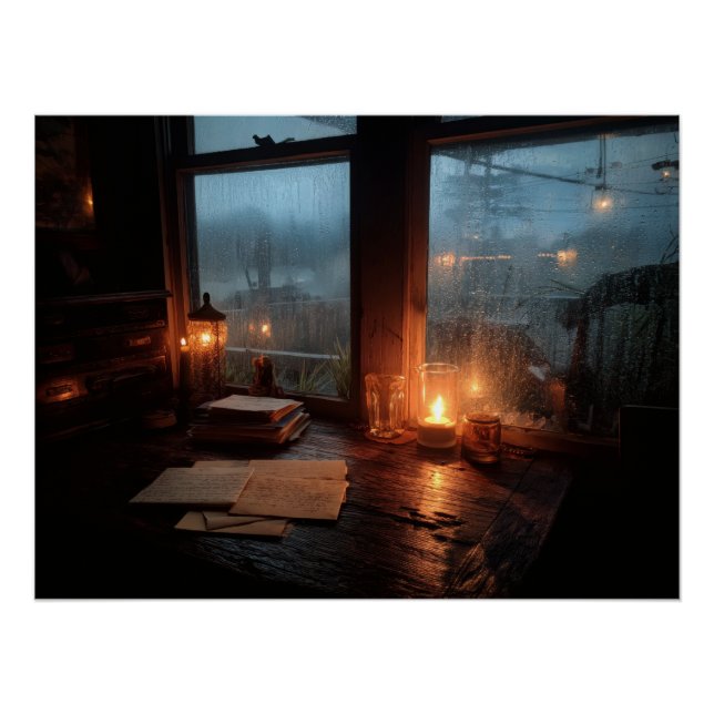 Póster Cozy Rainy Window Candle Glow Scene (Frente)