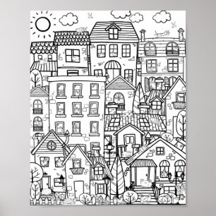 Poster Cozy Town Cute Funny Cats Doodô Coloração de Adult