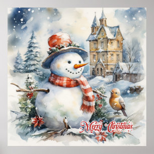 Poster Cozy Watercolor - Cena de Natal - Snowman