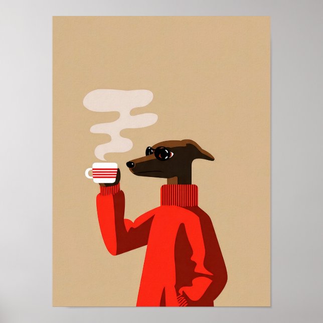 Poster Cozy Whippet Drinking Coffee - Dog Illustration (Frente)