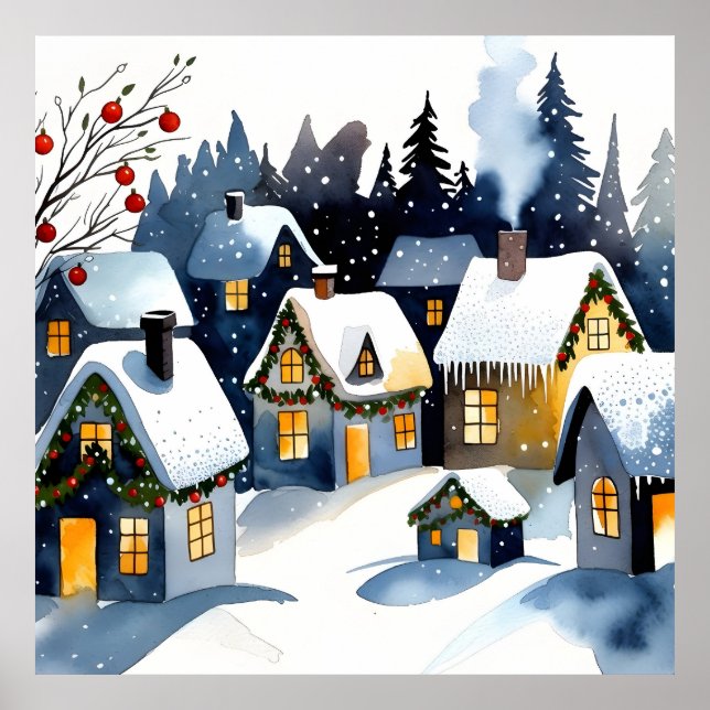 Poster Cozy Winter Village Watercolor Christmas Wall Art  (Frente)