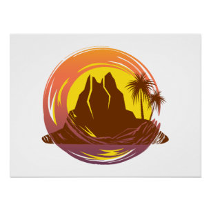Póster Crachá com paisagem vulcânica tropical e palmeiras