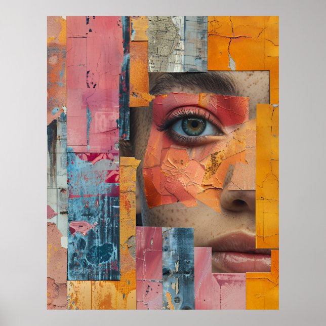 Poster Cracked Paint Face Collage Vibrant Portrait (Frente)