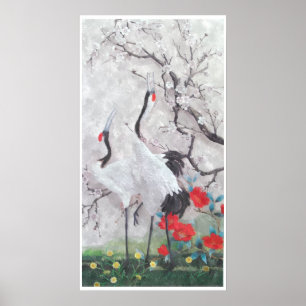 Póster Crane chinesa com cor d'água do Peach Blossom