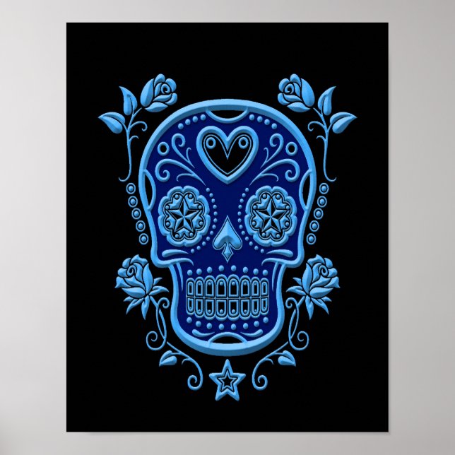 Póster Crânio azul com Rosas em preto (Frente)
