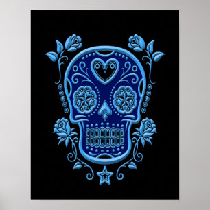 Póster Crânio azul do açúcar com os rosas no preto