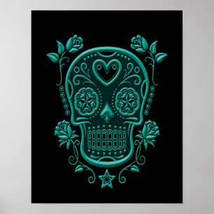 Poster Crânio azul do açúcar da cerceta com os rosas n