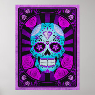 Poster Crânio azul e roxo do vintage do açúcar com ros