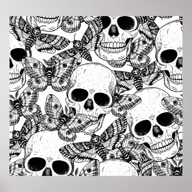 Poster Crânio, borboletas: padrão de colheita desenhado à (Frente)