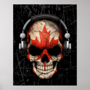 Póster Crânio canadense riscado do DJ com fones de ouvid