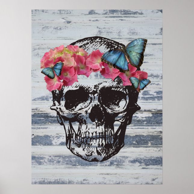 Poster Crânio com flores de hydrangea e borboletas (Frente)
