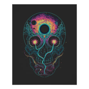 Póster Crânio Cósmico Psicodélico Galáxia Neon