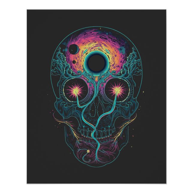 Póster Crânio Cósmico Psicodélico Galáxia Neon (Frente)