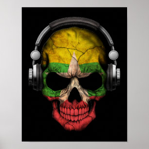 Póster Crânio customizável de Myanmar DJ com fones de