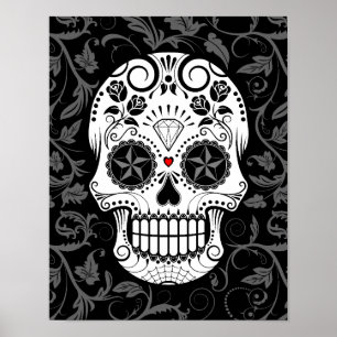 Póster Crânio customizável do açúcar com videiras e o