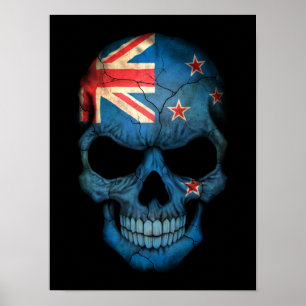 Poster Crânio da bandeira de Nova Zelândia no preto